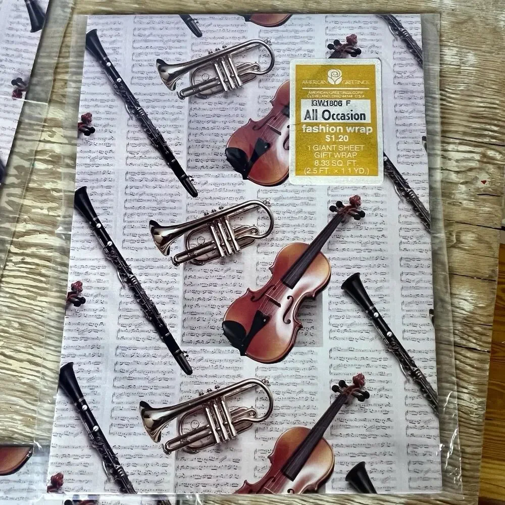 3 NOS Vintage American Greetings Music Gift Wrap Violin Trumpet Instruments